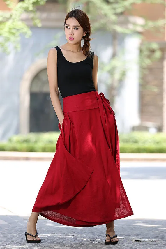 Women's handmdade linen maxi wrap skirt 1025#
