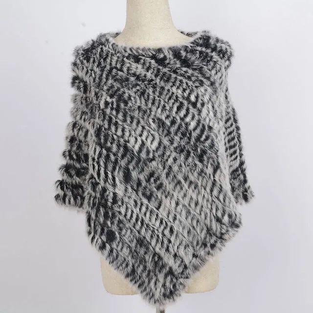 Women's Knitted Poncho with  Real Rabbit Fur