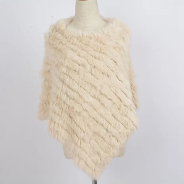 Women's Knitted Poncho with  Real Rabbit Fur