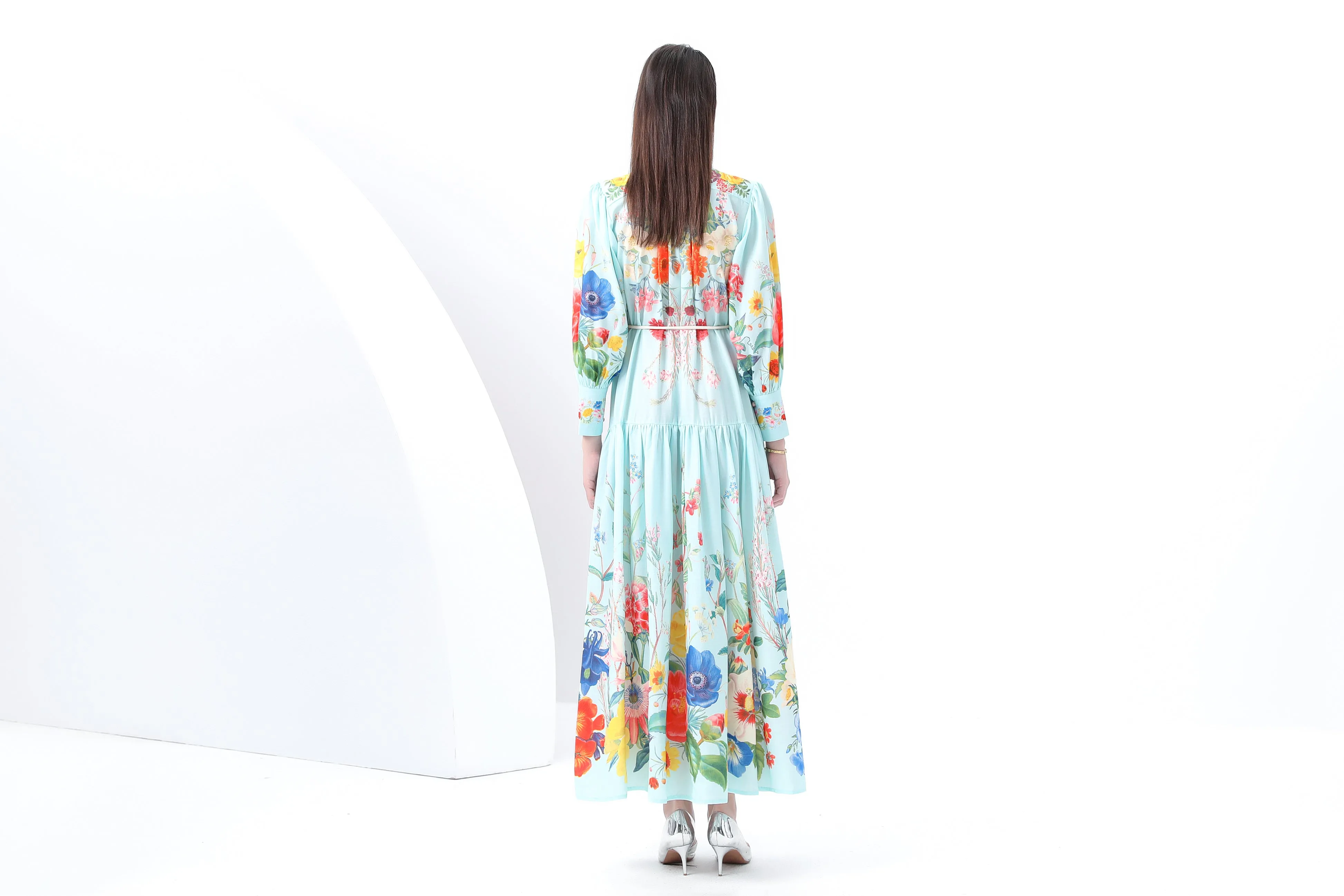 Women's Printed Lantern Sleeve Maxi Dress