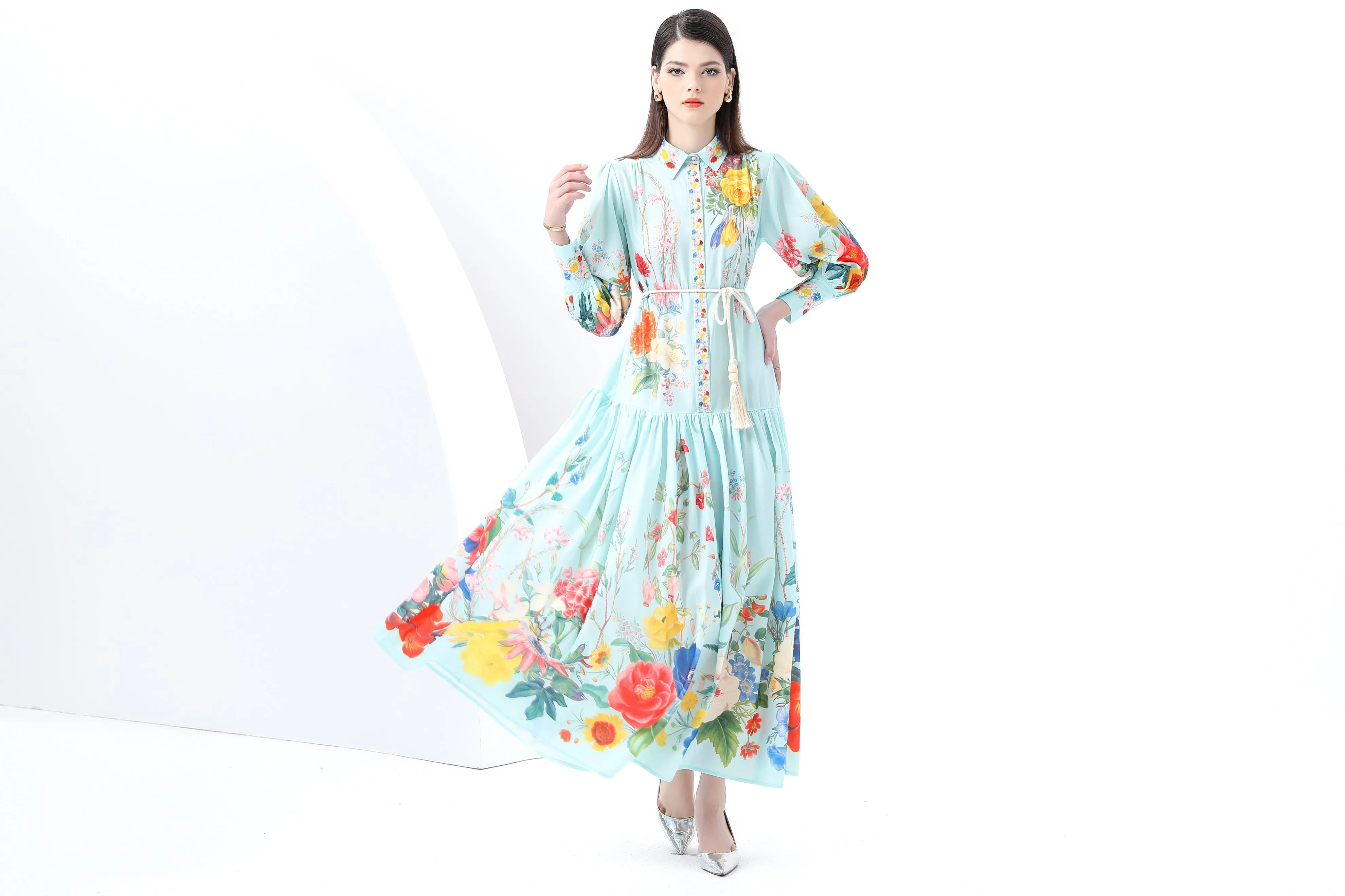 Women's Printed Lantern Sleeve Maxi Dress