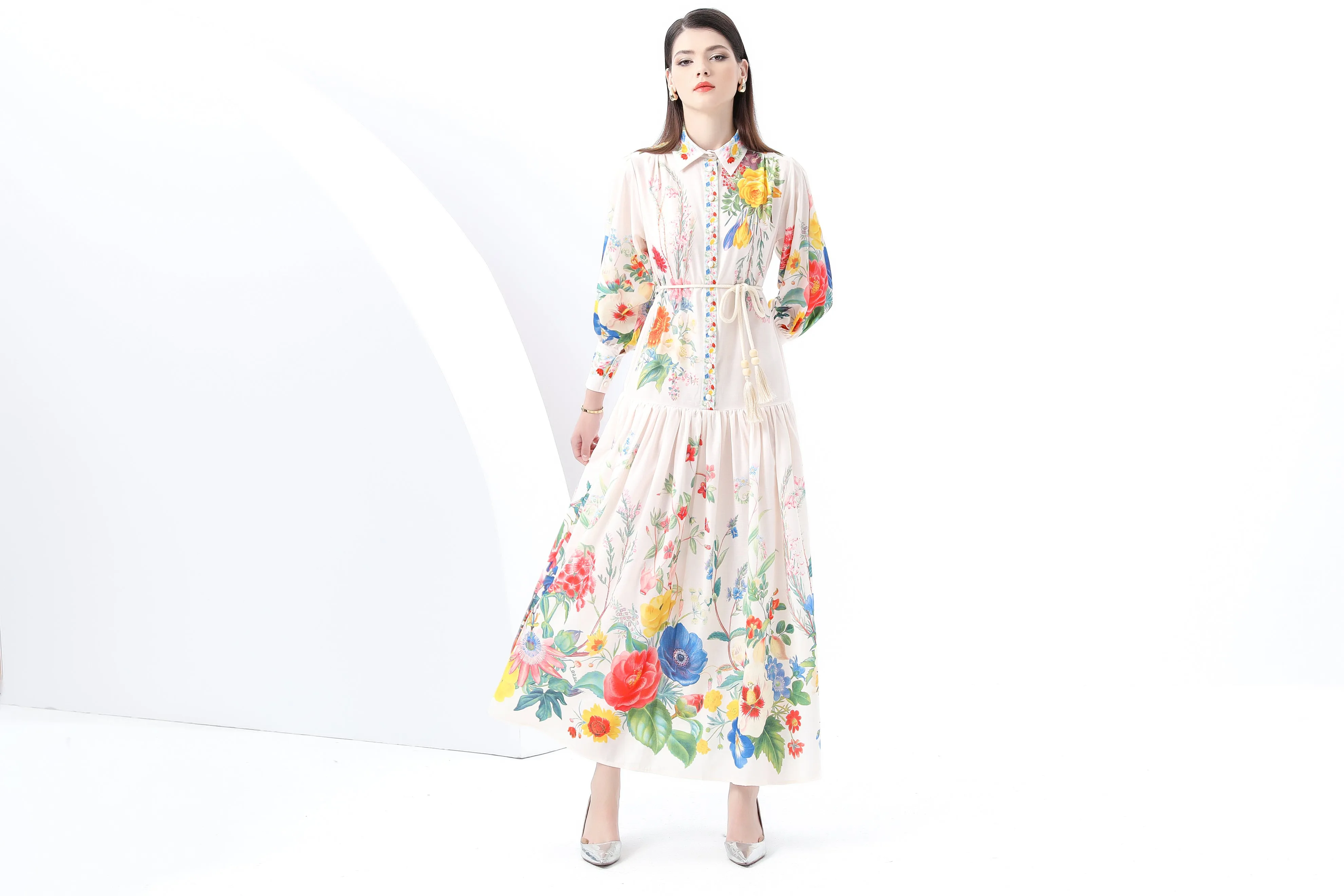 Women's Printed Lantern Sleeve Maxi Dress