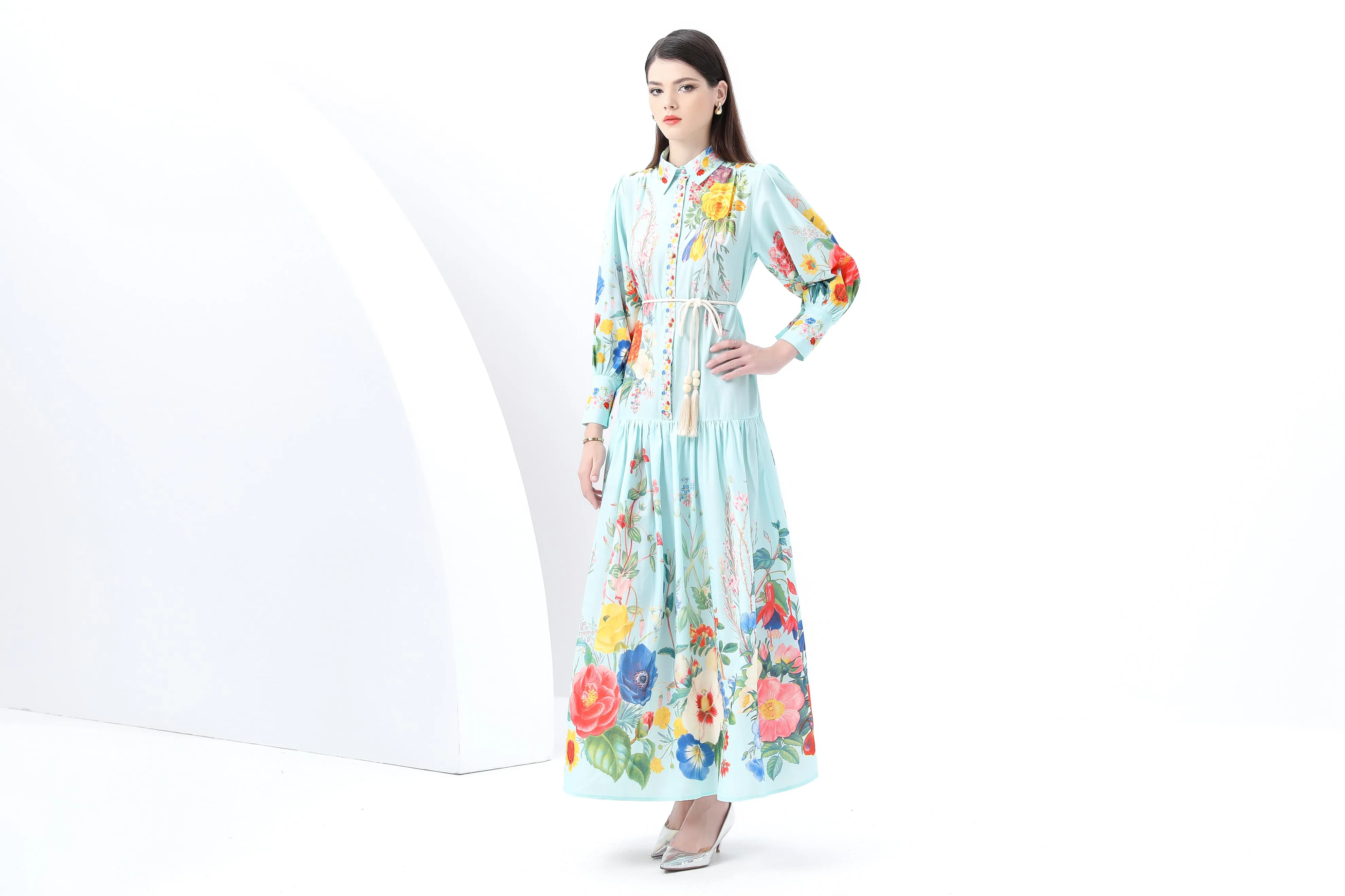 Women's Printed Lantern Sleeve Maxi Dress