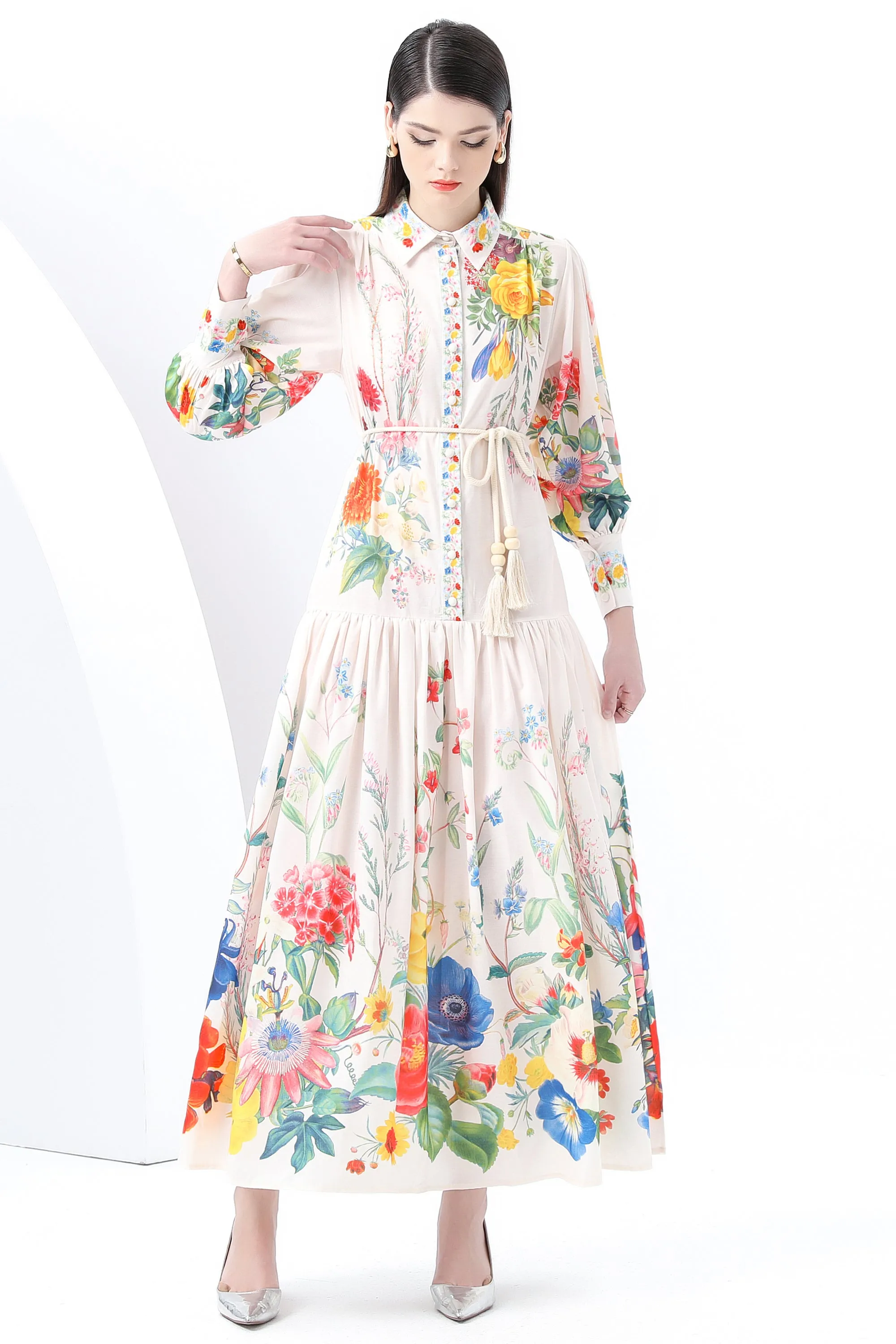 Women's Printed Lantern Sleeve Maxi Dress