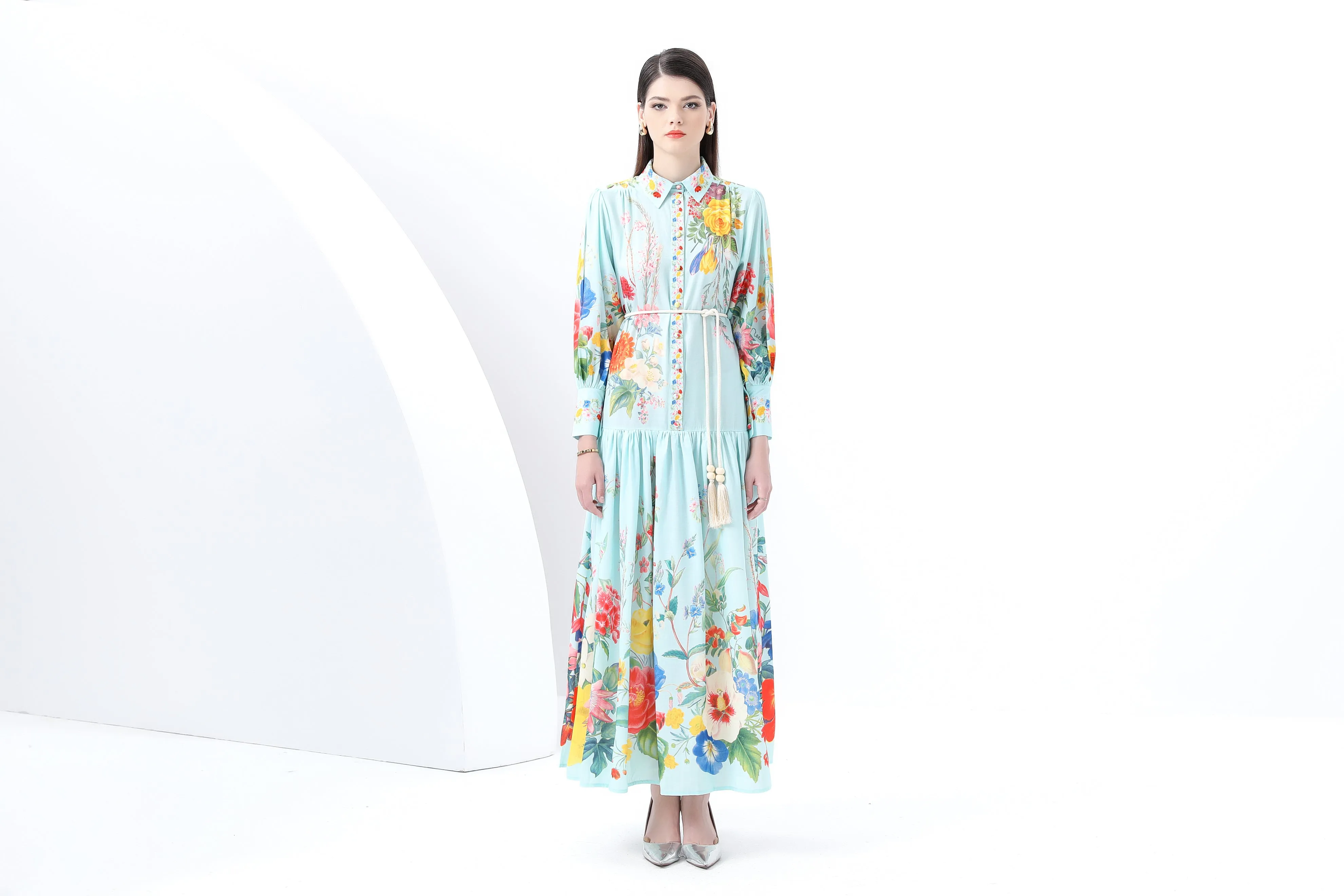Women's Printed Lantern Sleeve Maxi Dress