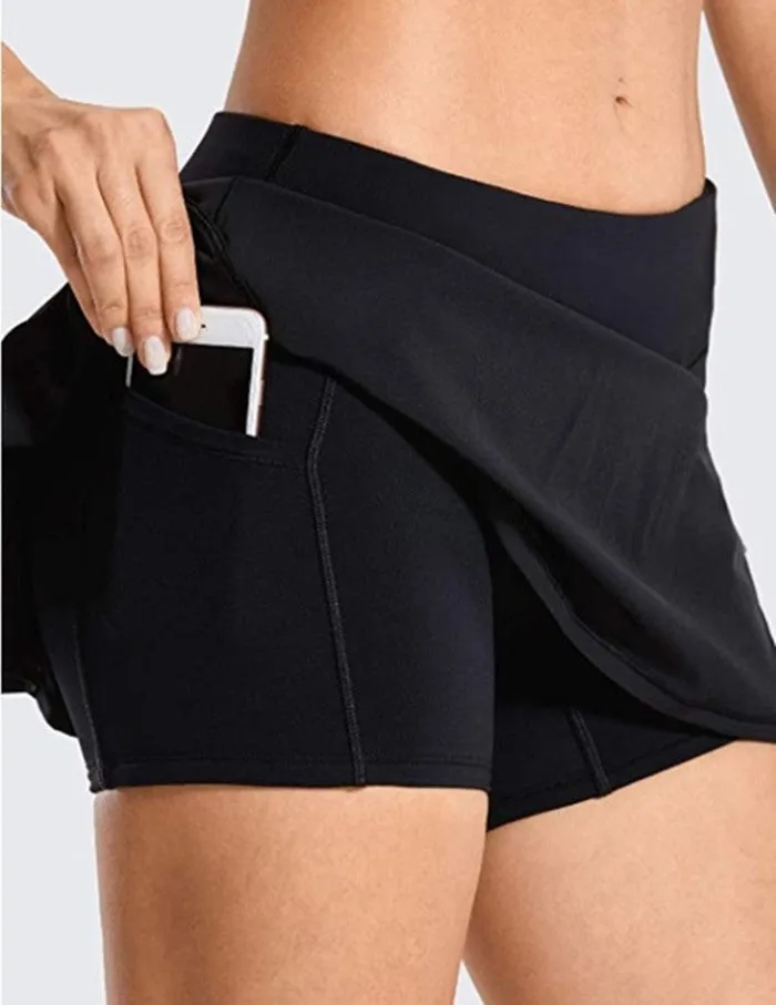 Women's Sports Culottes Mid-waist Pleated Polyester Fiber Back Pocket Zipper Shorts