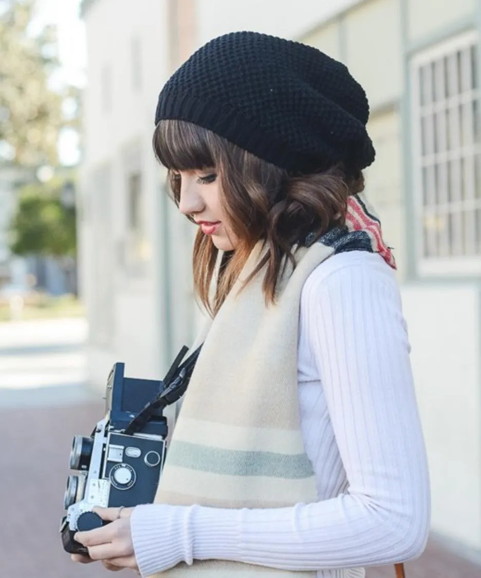 Womens Stylish Black Waffle Knit Slouch Beanie