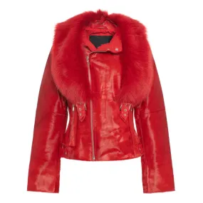 Women's Tara Calf Faux Shearling Red Fur Leather Jacket