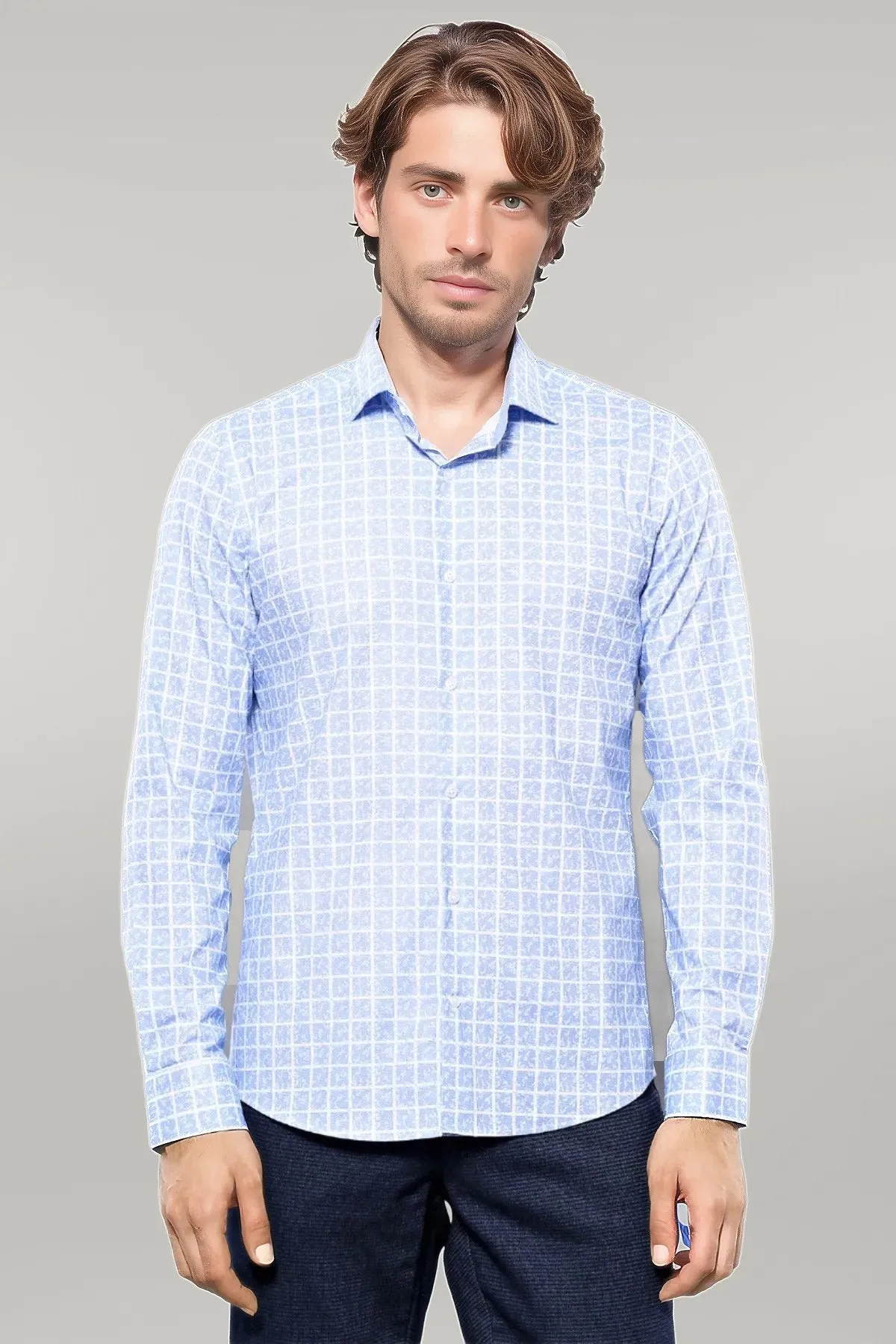 WSS Patterned Plaid Light Blue Shirt  - Singen