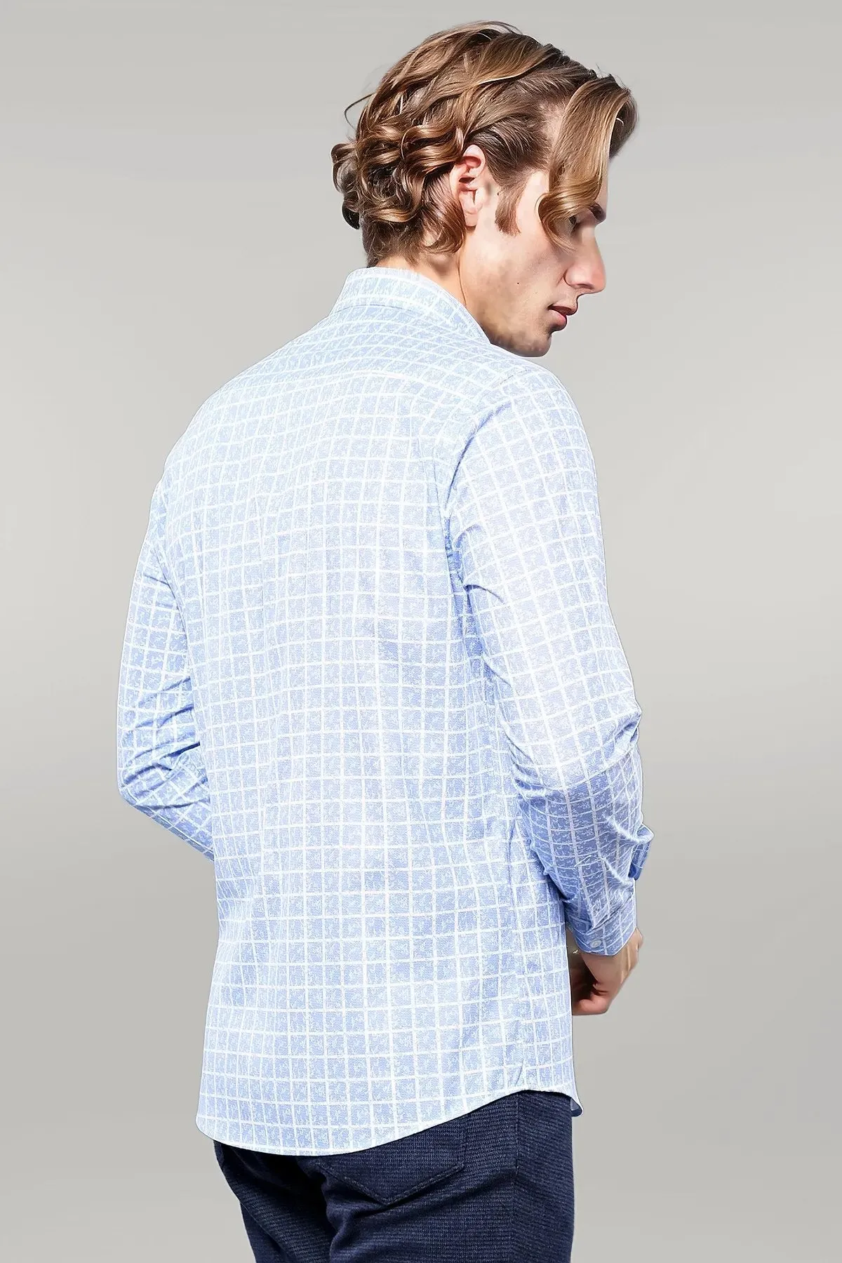 WSS Patterned Plaid Light Blue Shirt  - Singen