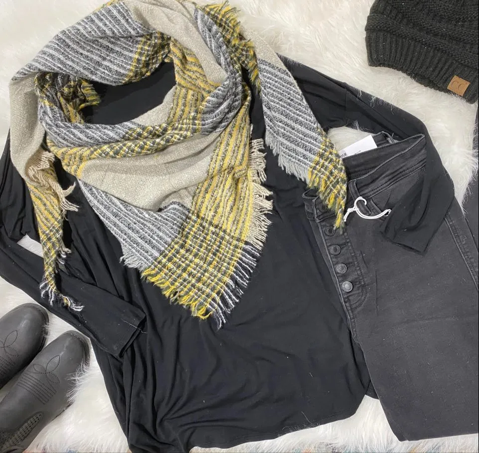 Yellow & Marbled Gray Plaid Triangle Blanket Scarf - Final Sale