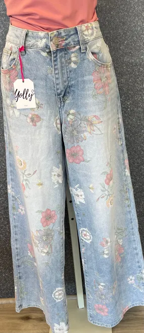 Yolly Denim Flower Wide Leg Pants
